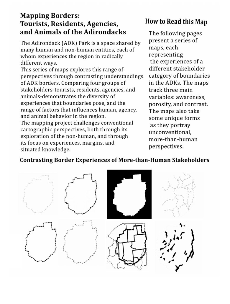Cover page of Multispecies Borders in the ADKs showing eight small variations of the Adirondack Park boundary