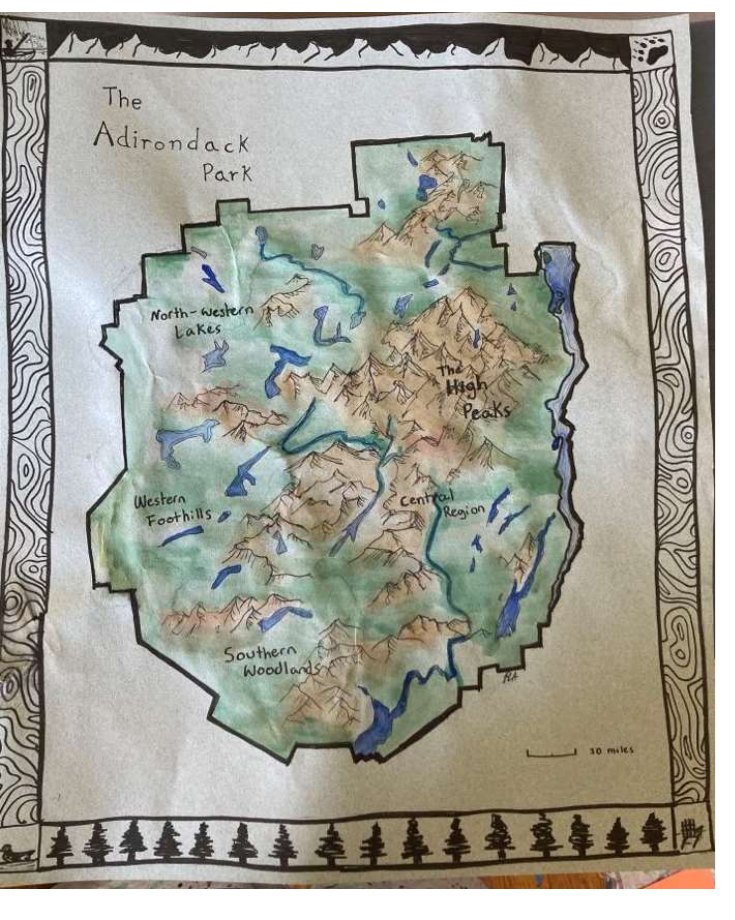 Hand-drawn pen and watercolor reference map of the Adirondack Park with an illustrated border of trees and mountains
