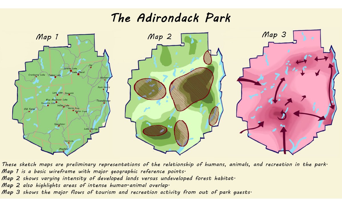 Three sketch maps of the Adirondack Park showing geographic reference points, development intensity, and tourism flows